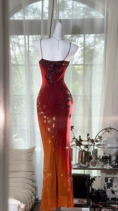 Orange Red Ombre Sheath Spaghetti Strap Exquisite Beaded Chiffon Prom Dress 21th Birthday Dress DP3899