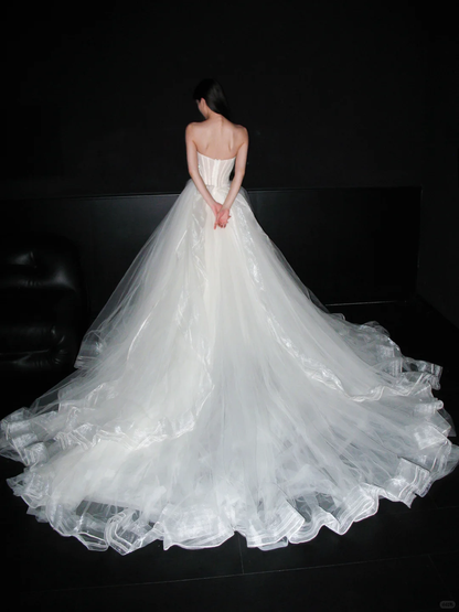 Pretty Ball Gown Strapless Corset White Ruffle Tulle Long Wedding Dress DP8094