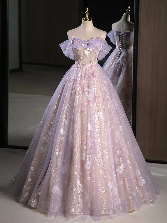 A-Line Off Shoulder Tulle Lace Purple Long Prom Dress, Purple Formal Dress DP3366