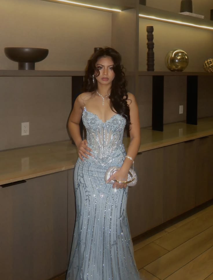 Baby Blue Sheath Shiny Sequin Beaded Tulle Prom Dress Graduation Prom Dress DP6648