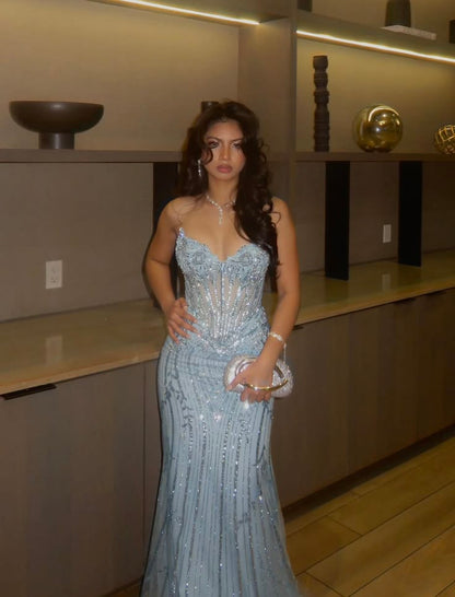 Baby Blue Sheath Shiny Sequin Beaded Tulle Prom Dress Graduation Prom Dress DP6648