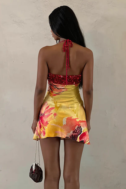 Sexy A Line Straps Red Sequin Print Floral Satin Slim Mini Dress Homecoming Dress DP5363