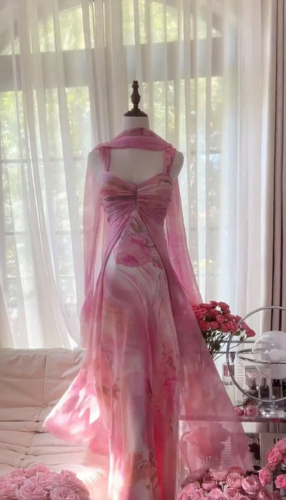 Romantic A Line Spaghetti Strap Printed Flower Pink Chiffon Long Party Dress Evening Dress DP2333
