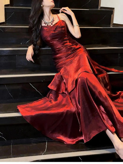 Burgundy Mermaid Spaghetti Straps Long Prom Dresses Birthday Party Dress Evening Gowns DP4232