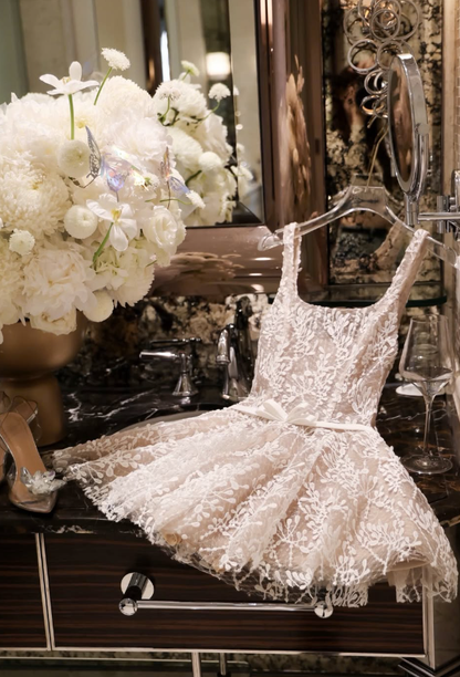 Pretty Ivory A Line Spaghetti Strap Lace Short Prom Dress Homecoming Dress DP7976