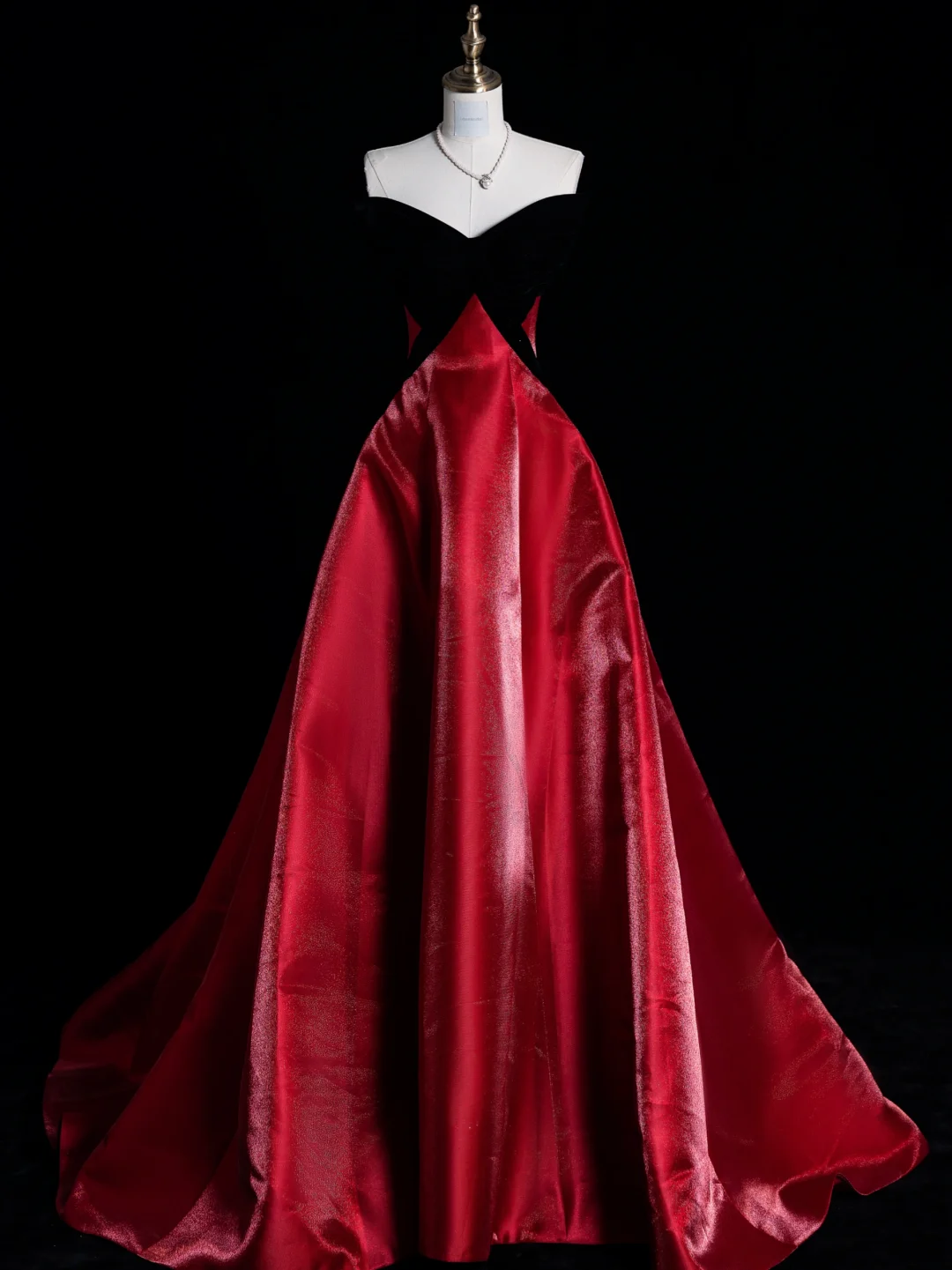 Black Bow A Line Strapless Burgundy Satin Long Prom Dress Graduation Prom Dress DP1968