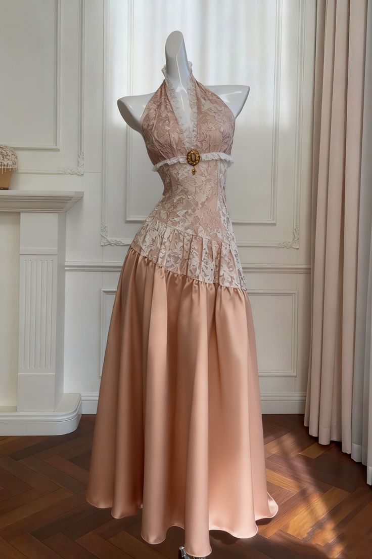 Vintage A Line V Neck White Print Floral Lace Satin Long Prom Dress Evening Dress DP4741