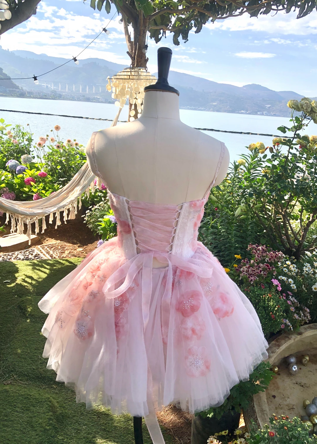 Pink Floral A Line Strapless Tulle Short Prom Dress Homecoming Dress DP5455