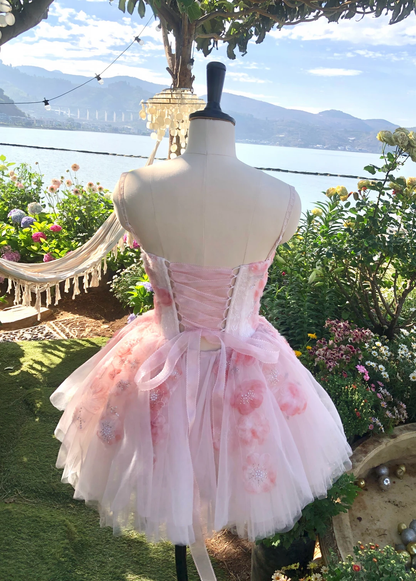 Pink Floral A Line Strapless Tulle Short Prom Dress Homecoming Dress DP5455