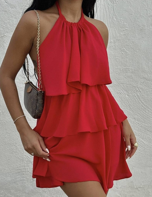 Cute A Line Halter Tiered Red Chiffon Short Homecoming Dress Birthday Dress DP1681