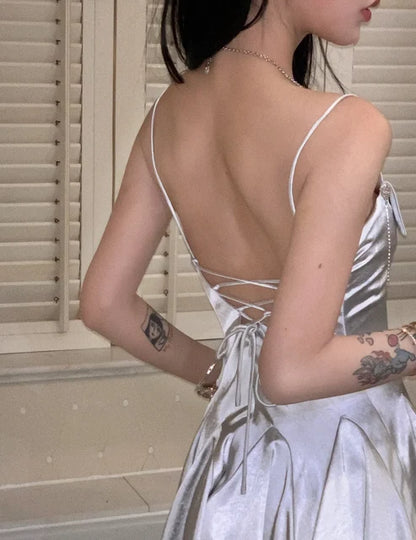 Grey A Line Spaghetti Straps Satin Short Homecoming Dress Outfits DP6397