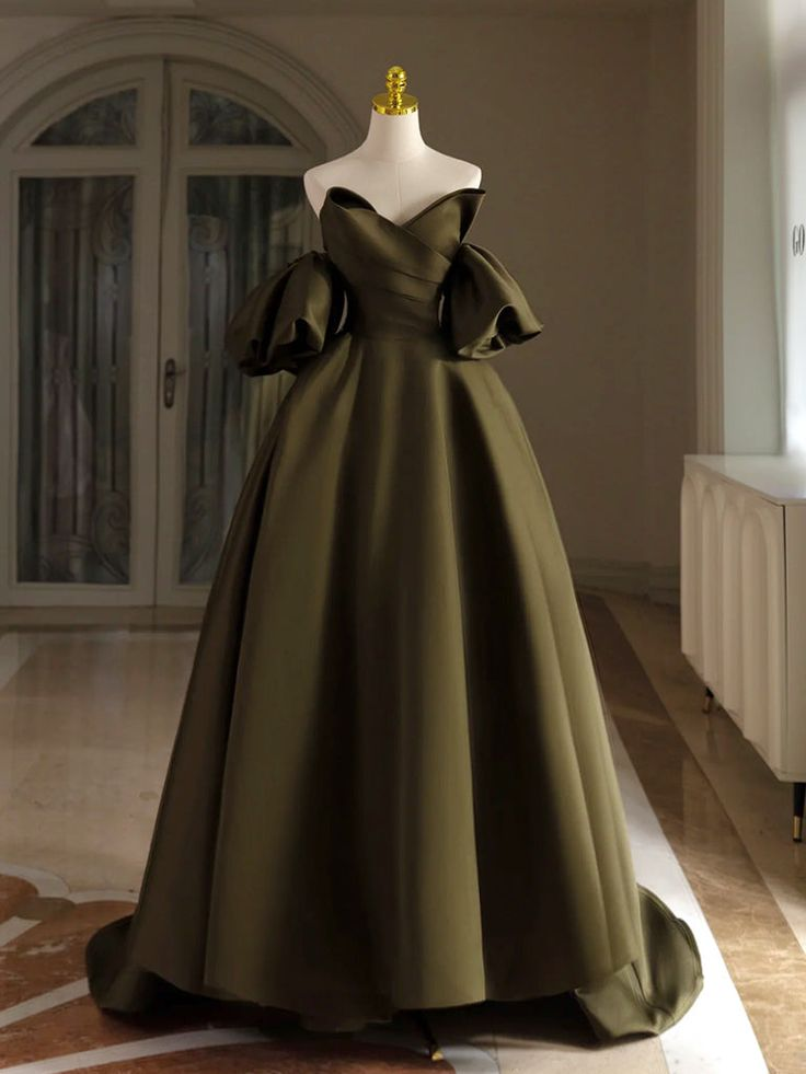 A-Line Puff Sleeves Olive Green Satin Long Prom Dress Ball Gown DP201