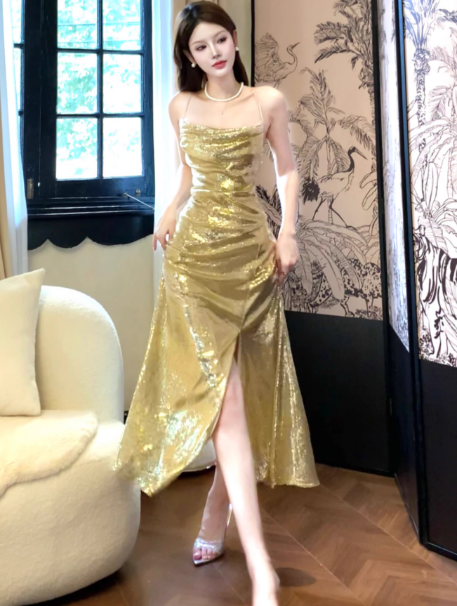 Shiny Golden Mermaid Spaghetti Strap Sequin Prom Dress 16th Birthday Dress with Slit DP3570