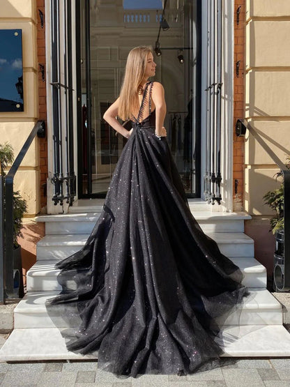 Black A Line  Sequins Backless Tulle Prom Dresses With Slit DP856