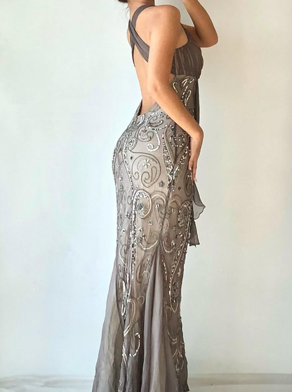 Vintage Mermaid Strap Sequin Brown Chiffon Long Prom Dress Evening Dress DP1753
