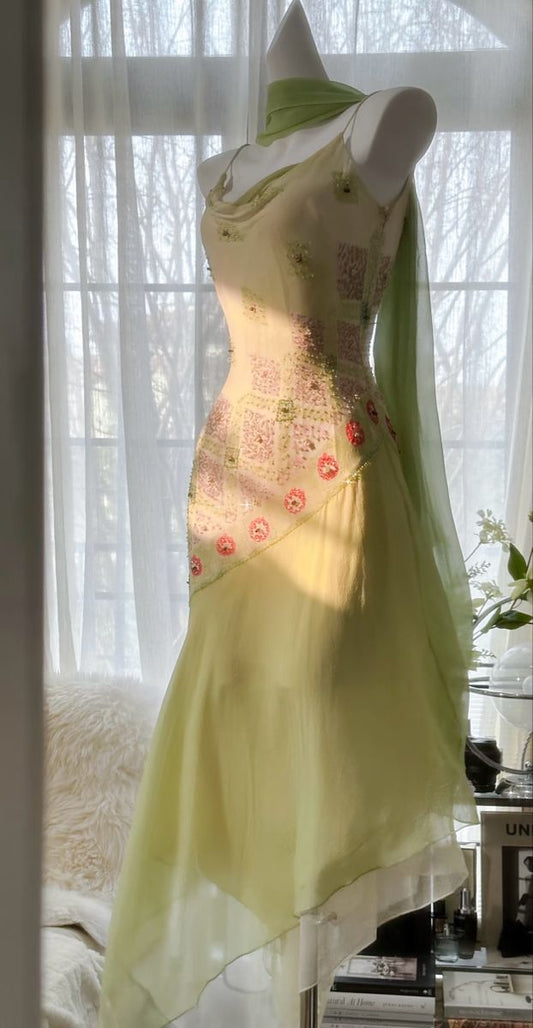 Gentle Mermaid Spaghetti Strap Beaded Green Chiffon Prom Dress Evening Dress DP2067