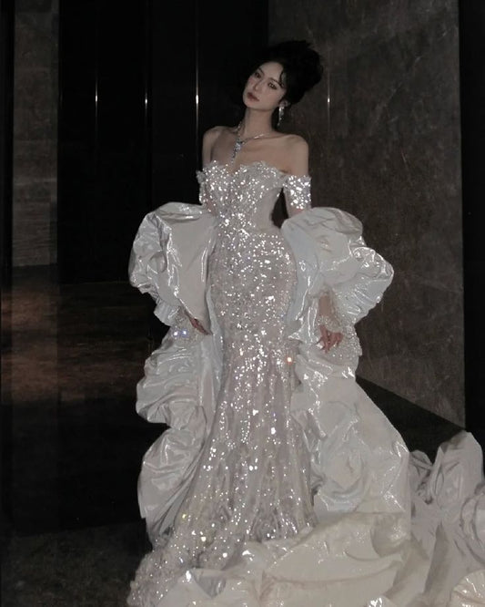 Stunning Mermaid Off the Shoulder Sequin Beaded Tulle Satin Wedding Dress Prom Dress DP4166