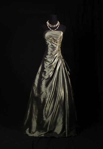 Vintage A Line Straps Beaded Satin Long Prom Dress Evening Dress DP4736