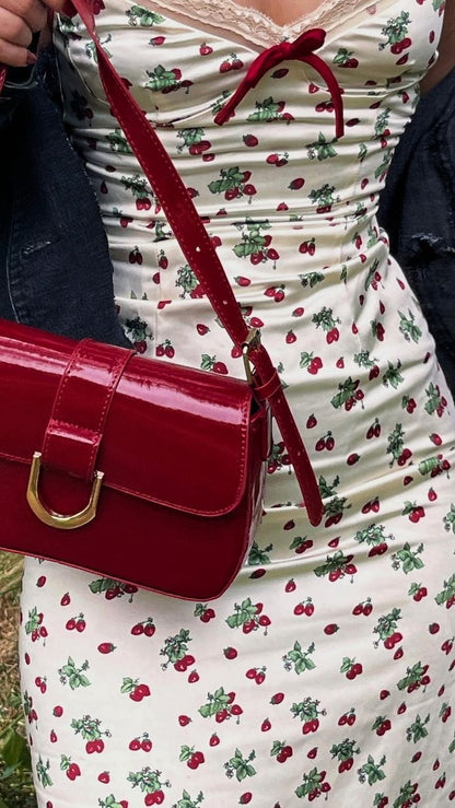 Cute Sheath Spaghetti Strap Printed Strawberry Satin Prom Dress Outfits DP4432