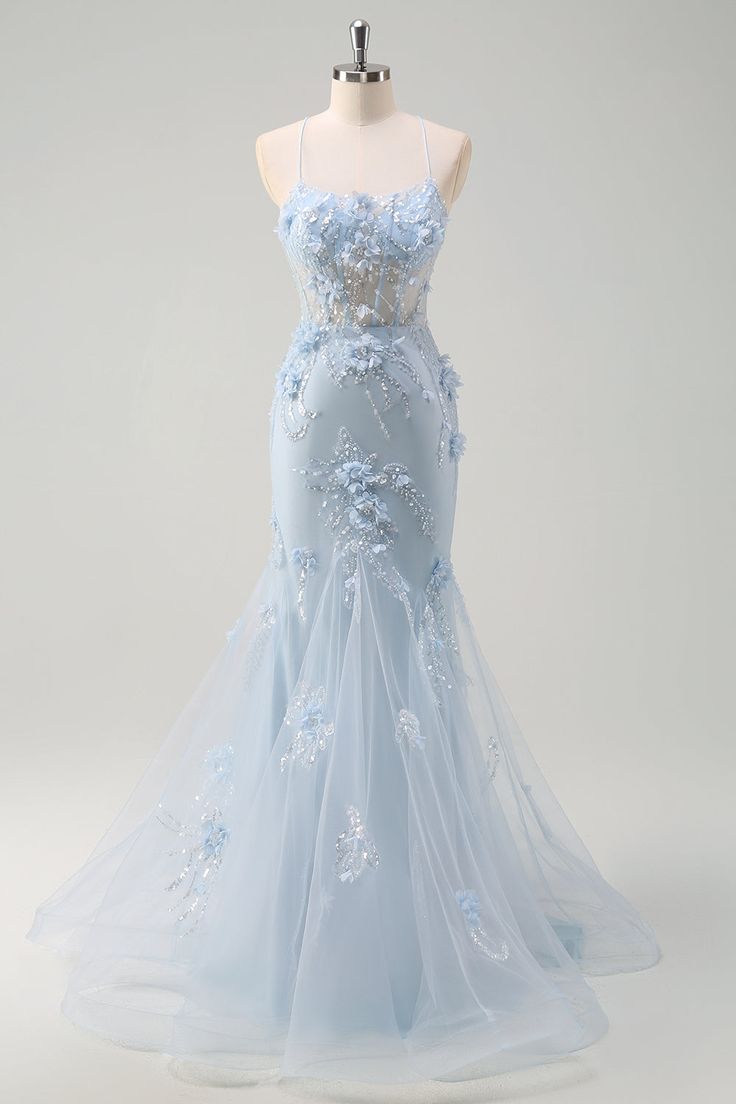 Sparkly Blue Mermaid 3D Flowers Satin Tulle Long Prom Dress Evening Dress DP1326
