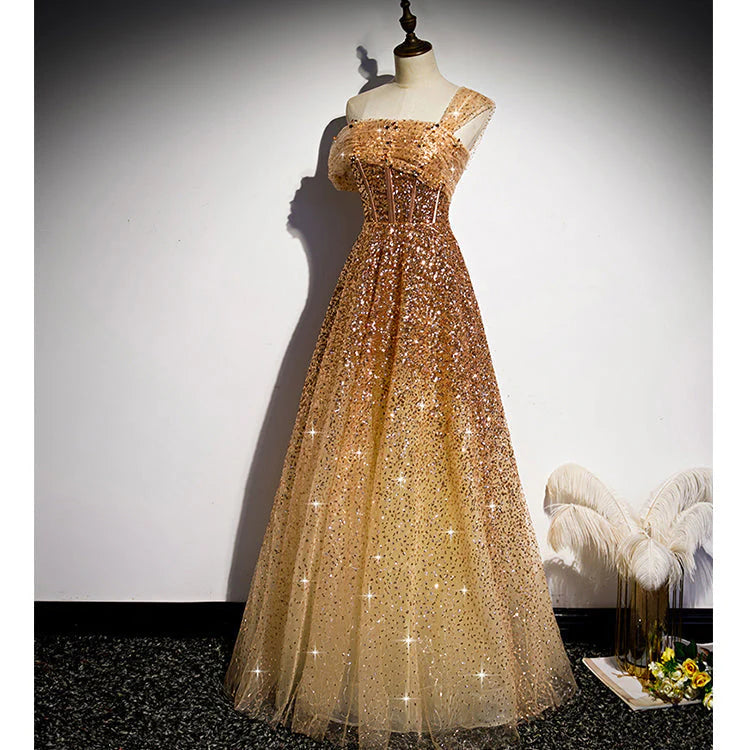 Sparkly Gold A Line Sequins Tulle Evening Dresses DP855