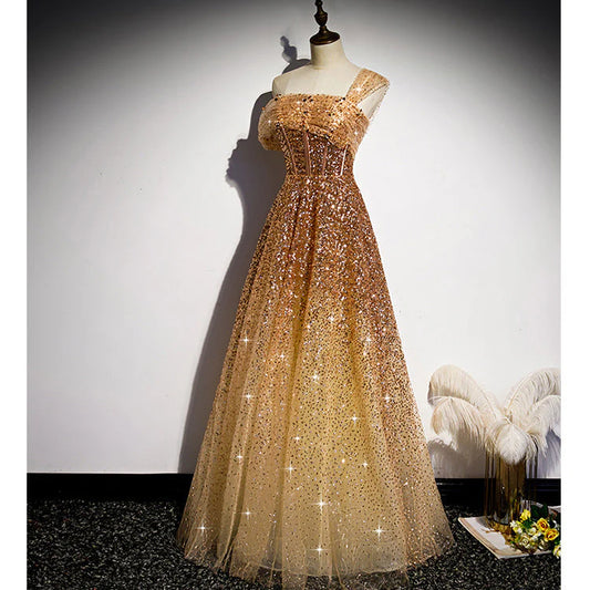 Sparkly Gold A Line Sequins Tulle Evening Dresses DP855