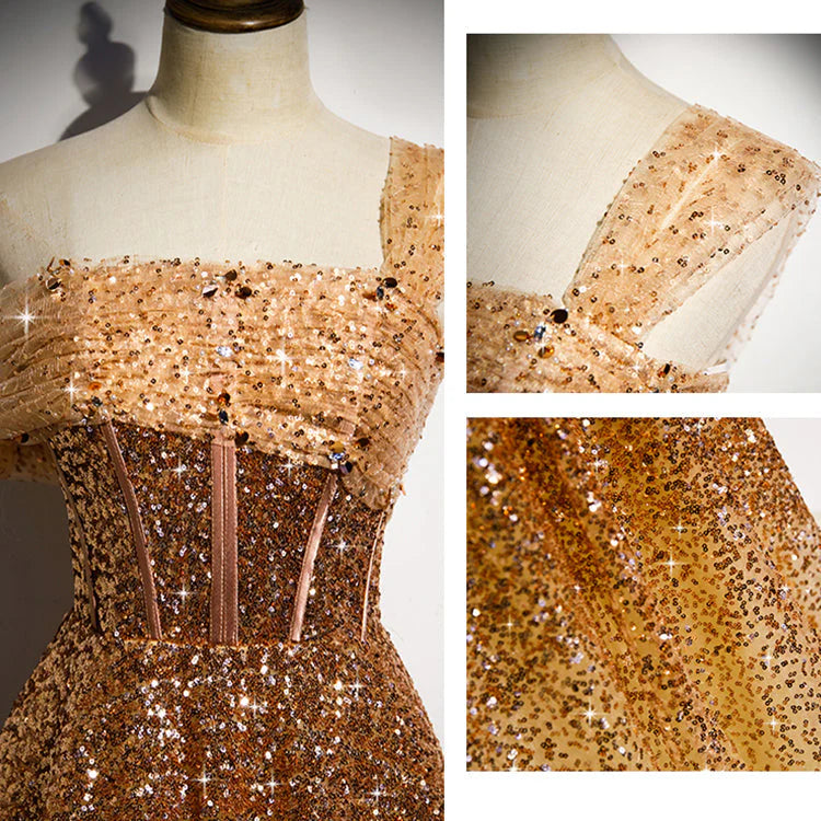 Sparkly Gold A Line Sequins Tulle Evening Dresses DP855