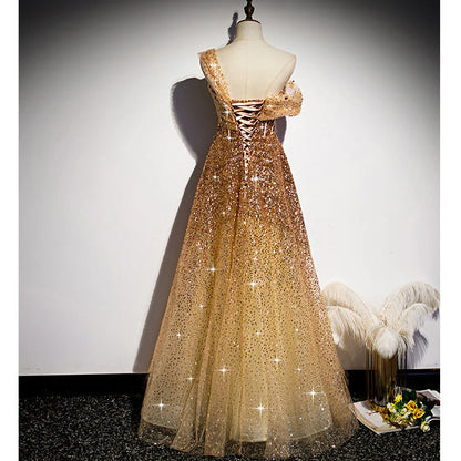 Sparkly Gold A Line Sequins Tulle Evening Dresses DP855