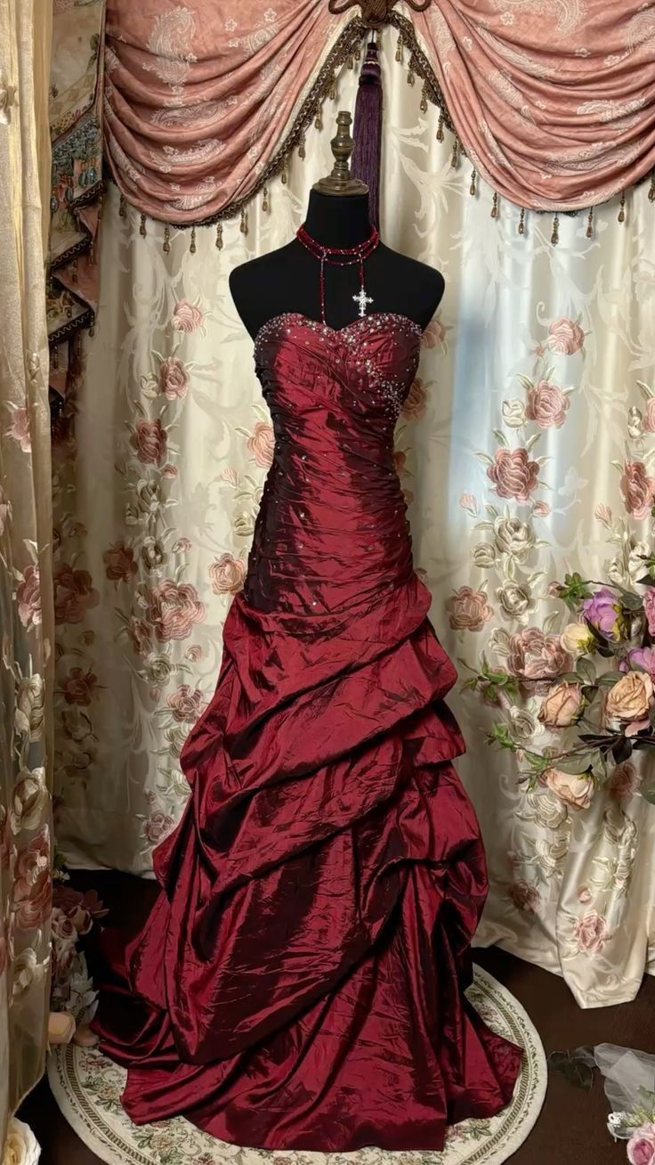 Vintage A Line Strapless Beaded Burgundy Pleated Satin Prom Dress 16th Birthday Dress DP4055