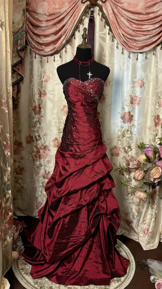 Vintage A Line Strapless Beaded Burgundy Pleated Satin Prom Dress 16th Birthday Dress DP4055