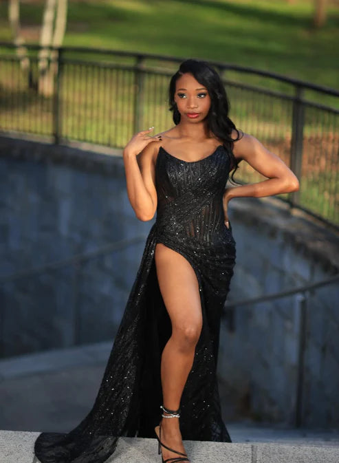 Sexy Black A Line Strapless Sequin Slit Long Prom Dress Evening Dress Date Dress DP3053