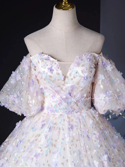 A Line Puff Sleeves Sweetheart Neck Appliques Tulle Long Prom Dress Ball Gown DP1059