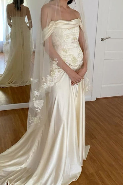 Vintage Ivory Sheath Off the Shoulder Lace Satin Long Wedding Dress DP5212