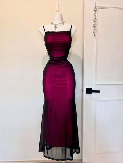 Sexy Mermaid Spaghetti Strap Black Chiffon Red Satin Prom Dress Party Dress DP3851