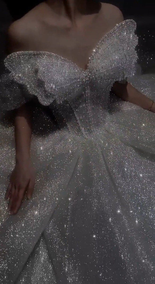 Stunning Ball Gown Strapless Beaded Sequin Prom Dress Wedding Dress with Butterfly DP3961