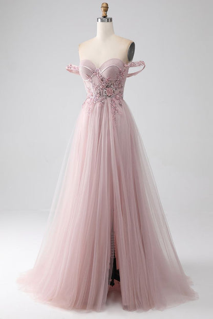 Elegant Off the Shoulder Sequins Beads Pink Tulle Prom Dress with Slit DP1393