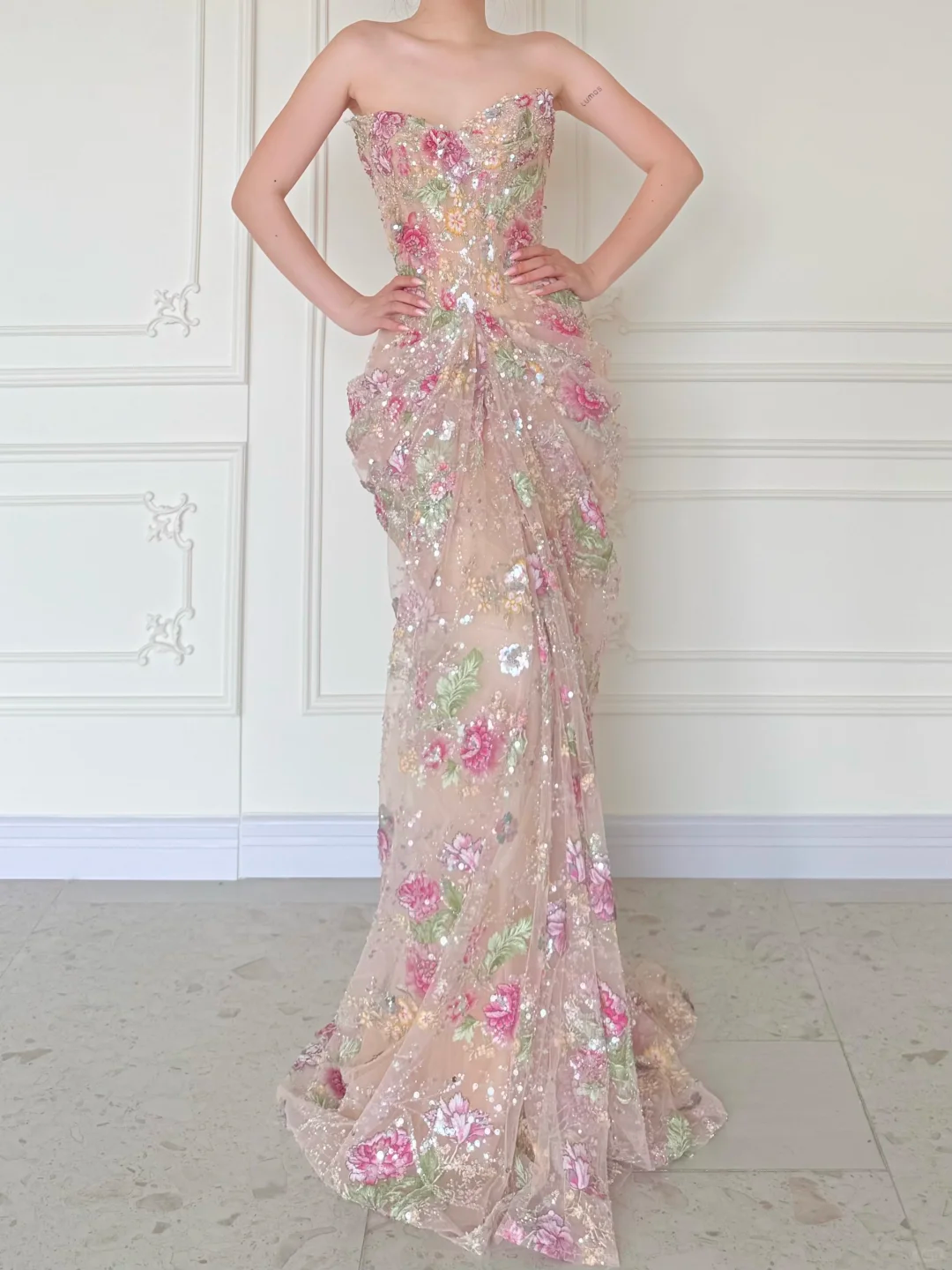 Luxurious Mermaid Strapless Floral Sequin Tulle Long Prom Dress Evening Dress DP5473