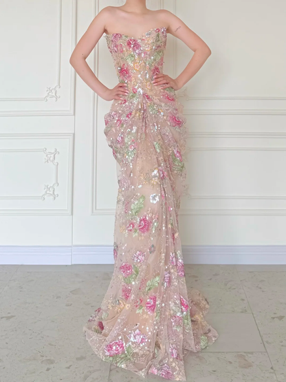 Luxurious Mermaid Strapless Floral Sequin Tulle Long Prom Dress Evening Dress DP5473