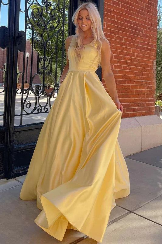 Yellow Round Neck Cutout Back A Line Prom Dress with Rhinestones DP1131