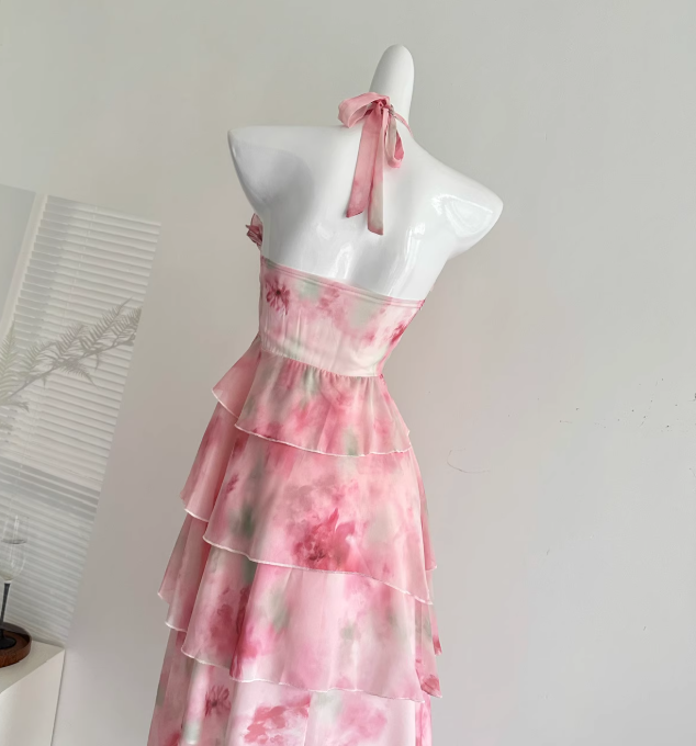 Pink A Line Halter Print Floral Layered Chiffon Vacation Dress Prom Dress Outfits DP3555
