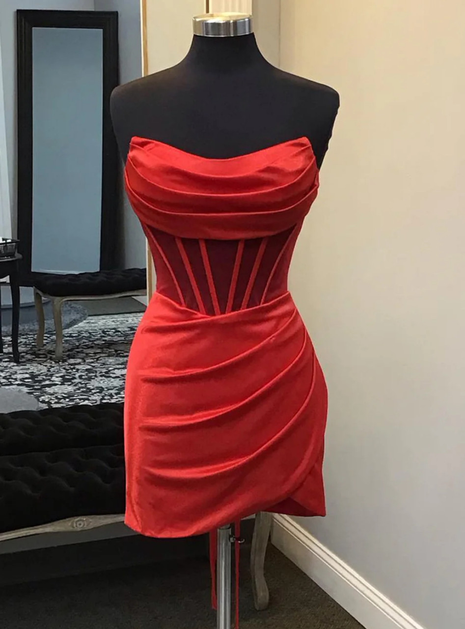 Red Satin Strapless Pleats Short Homecoming Dress DP540