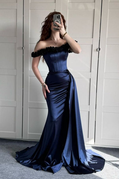 Navy Blue Mermaid Off the Shoulder Floral Corset Satin Prom Dress Evening Dress Date Dress DP3467