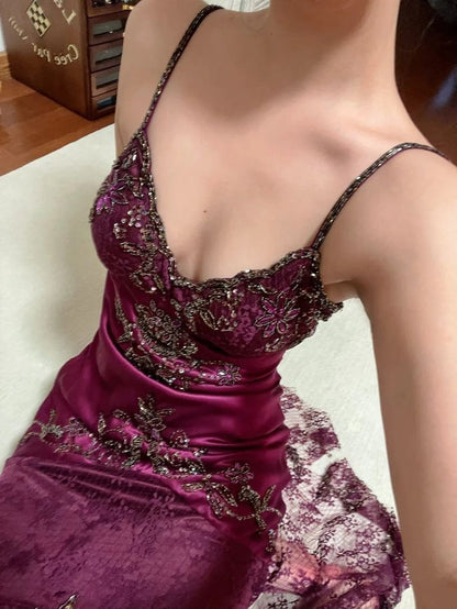 Vintage Mermaid Straps Beaded Lace Satin Short Prom Dress Homecoming Dress DP4735