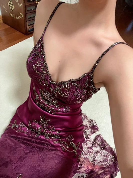 Vintage Mermaid Straps Beaded Lace Satin Short Prom Dress Homecoming Dress DP4735