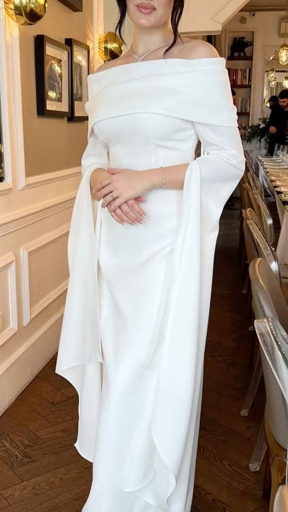 Gentle White Sheath Long Sleeve Satin Long Wedding Dress DP7877