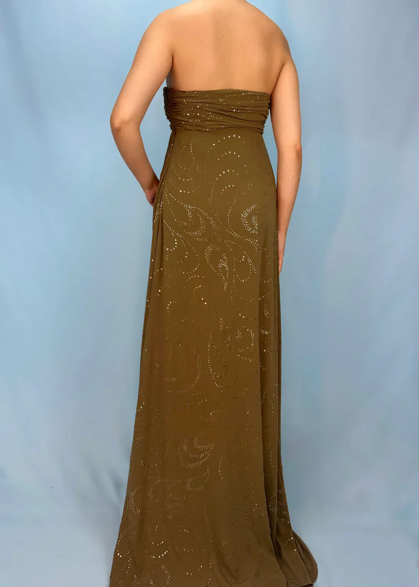 Brown A Line Sweetheart Neck Rhinestone Chiffon Long Prom Dress Evening Dress DP3296