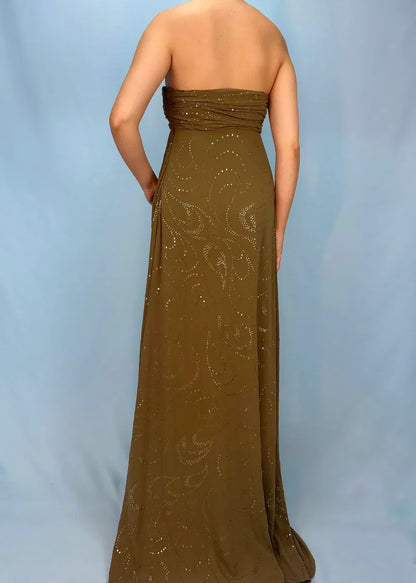 Brown A Line Sweetheart Neck Rhinestone Chiffon Long Prom Dress Evening Dress DP3296