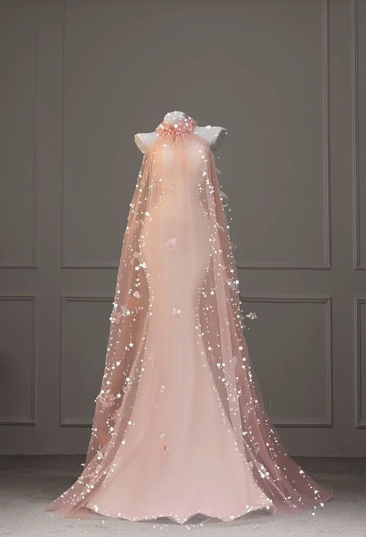 Romantic Mermaid Halter Pink Tulle Satin Long Prom Dress 16th Birthday Dress DP3627