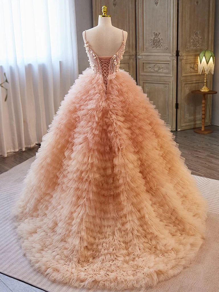 V Neck Tulle Sequin Orange Pink Long Prom Dress Evening Dress DP1083