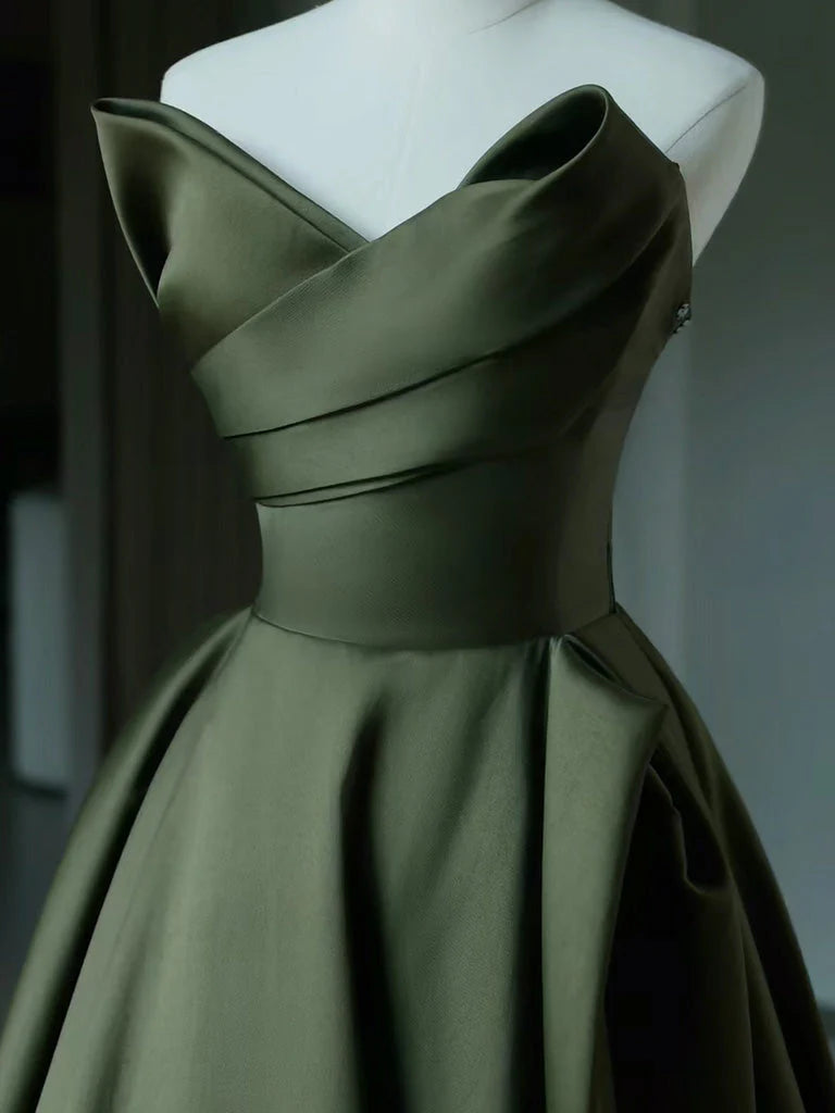 Elegant A Line V Neck Satin Green Long Prom Dress DP840